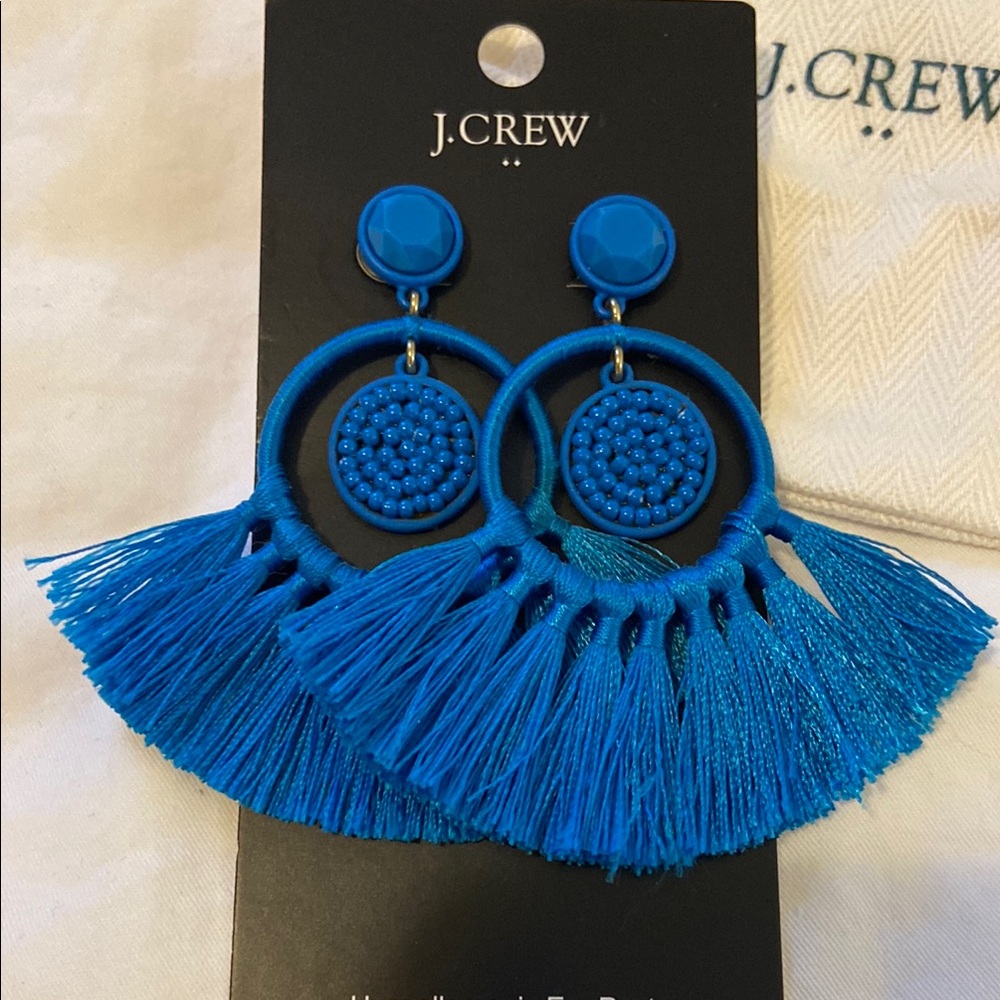 J. Crew Blue Fringe Statement Earrings
